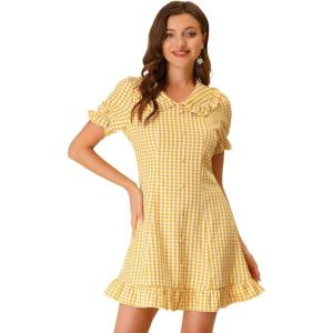 imageAllegra K Womens Gingham Checks Ruffled Peter Pan Collar 1960s Mini DressYellow