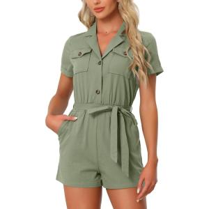 imageAllegra K Womens Short Jumpsuit Short Sleeve Tie Waist 100 Cotton Cargo Jumpsuit with PocketsArmy Green