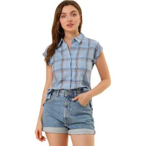 imageAllegra K Womens Summer Plaid Tops Casual Short Sleeves Western Button Down ShirtBlue