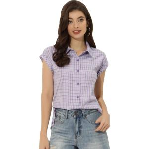 imageAllegra K Womens Summer Plaid Tops Casual Short Sleeves Western Button Down ShirtLilac