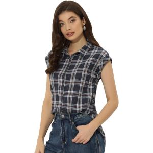 imageAllegra K Womens Summer Plaid Tops Casual Short Sleeves Western Button Down ShirtNavy Blue