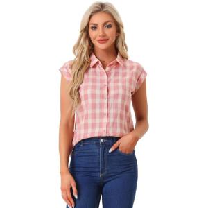 imageAllegra K Womens Summer Plaid Tops Casual Short Sleeves Western Button Down ShirtPinkbeige