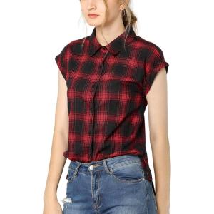 imageAllegra K Womens Summer Plaid Tops Casual Short Sleeves Western Button Down ShirtRed