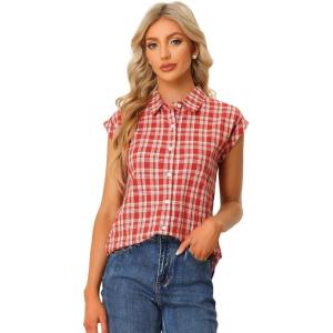 imageAllegra K Womens Summer Plaid Tops Casual Short Sleeves Western Button Down ShirtReds