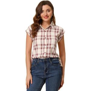 imageAllegra K Womens Summer Plaid Tops Casual Short Sleeves Western Button Down ShirtRedwhite