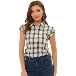 imageAllegra K Womens Summer Plaid Tops Casual Short Sleeves Western Button Down ShirtWhite