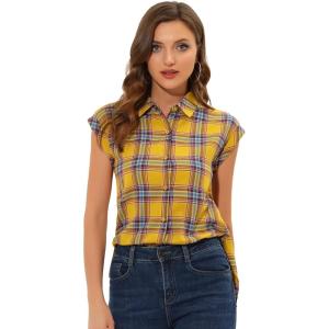 imageAllegra K Womens Summer Plaid Tops Casual Short Sleeves Western Button Down ShirtYellow