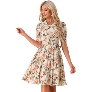 imageAllegra K Womens Vintage Peter Pan Collar High Waist Flowy Midi Puff Sleeve Floral DressBeige Pink