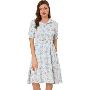 imageAllegra K Womens Vintage Peter Pan Collar High Waist Flowy Midi Puff Sleeve Floral DressBlue