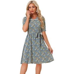 imageAllegra K Womens Vintage Peter Pan Collar High Waist Flowy Midi Puff Sleeve Floral DressGrey Blue