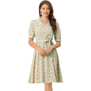 imageAllegra K Womens Vintage Peter Pan Collar High Waist Flowy Midi Puff Sleeve Floral DressLight Green