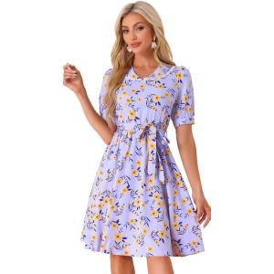 imageAllegra K Womens Vintage Peter Pan Collar High Waist Flowy Midi Puff Sleeve Floral DressPurple