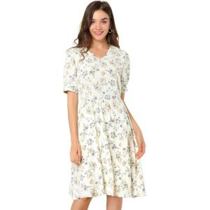 imageAllegra K Womens Vintage Peter Pan Collar High Waist Flowy Midi Puff Sleeve Floral DressWhite