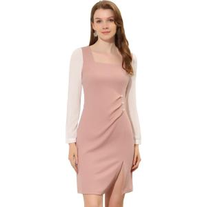 imageAllegra K Elegant Dresses for Womens Ruched Side Contrast Panel Long Sleeve Square Neck DressPink