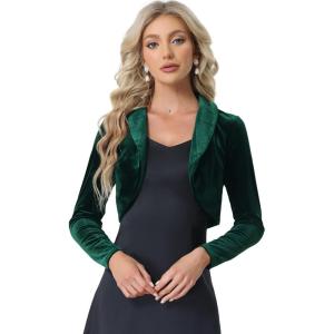 imageAllegra K Long Sleeve Shrug Top for Womens Lapel Collar Velvet Christmas Open Front Cropped CardiganDark Green