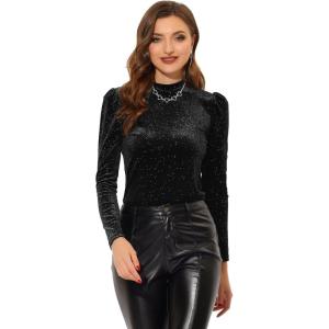 imageAllegra K Metallic Velvet Top for Womens Puff Long Sleeve Mock Neck Vintage Christmas Glitter TShirtBlack