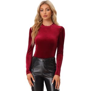 imageAllegra K Metallic Velvet Top for Womens Puff Long Sleeve Mock Neck Vintage Christmas Glitter TShirtBurgundy