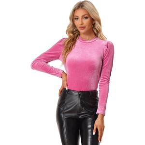 imageAllegra K Metallic Velvet Top for Womens Puff Long Sleeve Mock Neck Vintage Christmas Glitter TShirtHot Pink