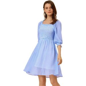 imageAllegra K Square Neck for Womens 34 Sleeve Ruffle Smocked Plaid Above Knee DressLight Blue