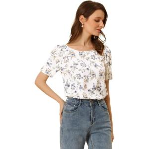 imageAllegra K Womens 2023 Floral Blouse Round Neck Short Sleeve Summer TopWhite