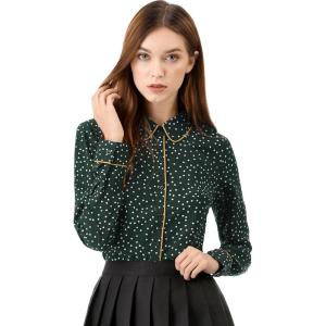 imageAllegra K Womens Printed Long Sleeve Piped Button Down Office ShirtGreen