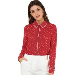 imageAllegra K Womens Printed Long Sleeve Piped Button Down Office ShirtRed