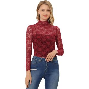 imageAllegra K Womens See Through Long Sleeve Turtleneck Sheer Floral Lace Blouse TopBurgundy