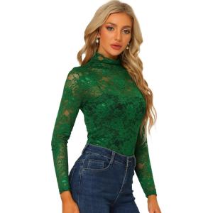 imageAllegra K Womens See Through Long Sleeve Turtleneck Sheer Floral Lace Blouse TopDark Green