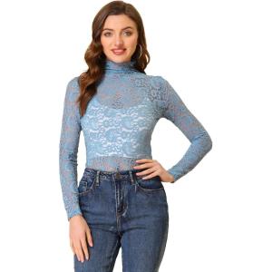 imageAllegra K Womens See Through Long Sleeve Turtleneck Sheer Floral Lace Blouse TopDusty Blue