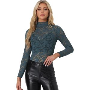 imageAllegra K Womens See Through Long Sleeve Turtleneck Sheer Floral Lace Blouse TopGrey Blue