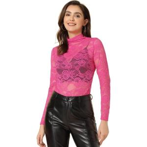 imageAllegra K Womens See Through Long Sleeve Turtleneck Sheer Floral Lace Blouse TopHot Pink