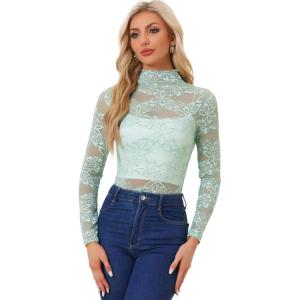 imageAllegra K Womens See Through Long Sleeve Turtleneck Sheer Floral Lace Blouse TopLight Green