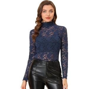 imageAllegra K Womens See Through Long Sleeve Turtleneck Sheer Floral Lace Blouse TopNavy Blue