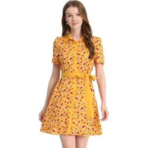 imageAllegra K Womens Short Sleeve Contrast Collar Belted Floral Shirt DressYellow