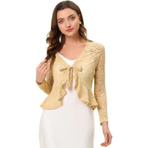 imageAllegra K Floral Lace Shrug for Womens Tie Front Top Ruffled Hem Office Sheer Crop Bolero CardiganBeige