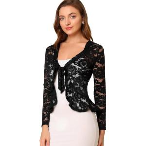imageAllegra K Floral Lace Shrug for Womens Tie Front Top Ruffled Hem Office Sheer Crop Bolero CardiganBlack