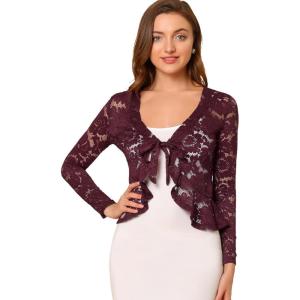 imageAllegra K Floral Lace Shrug for Womens Tie Front Top Ruffled Hem Office Sheer Crop Bolero CardiganBurgundy