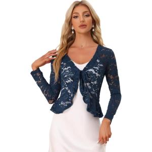imageAllegra K Floral Lace Shrug for Womens Tie Front Top Ruffled Hem Office Sheer Crop Bolero CardiganDark Blue