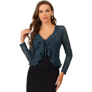 imageAllegra K Floral Lace Shrug for Womens Tie Front Top Ruffled Hem Office Sheer Crop Bolero CardiganDark Blue Grey