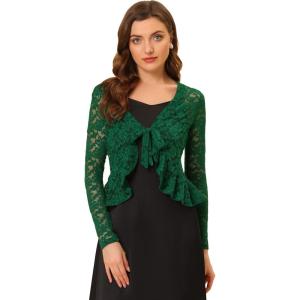 imageAllegra K Floral Lace Shrug for Womens Tie Front Top Ruffled Hem Office Sheer Crop Bolero CardiganDark Green