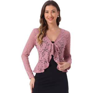 imageAllegra K Floral Lace Shrug for Womens Tie Front Top Ruffled Hem Office Sheer Crop Bolero CardiganDark Pink