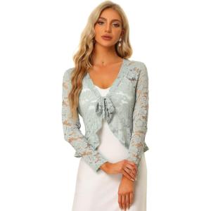 imageAllegra K Floral Lace Shrug for Womens Tie Front Top Ruffled Hem Office Sheer Crop Bolero CardiganGrey