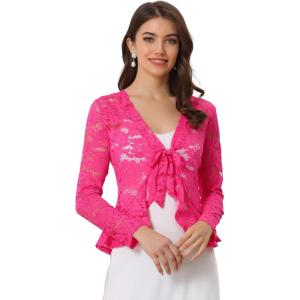 imageAllegra K Floral Lace Shrug for Womens Tie Front Top Ruffled Hem Office Sheer Crop Bolero CardiganHot Pink