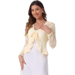 imageAllegra K Floral Lace Shrug for Womens Tie Front Top Ruffled Hem Office Sheer Crop Bolero CardiganLight Beige