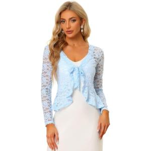 imageAllegra K Floral Lace Shrug for Womens Tie Front Top Ruffled Hem Office Sheer Crop Bolero CardiganLight Blue