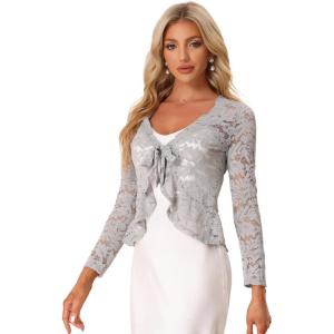 imageAllegra K Floral Lace Shrug for Womens Tie Front Top Ruffled Hem Office Sheer Crop Bolero CardiganLight Grey