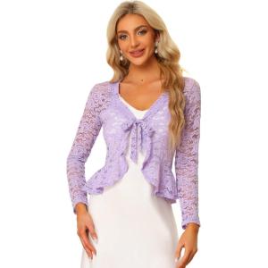 imageAllegra K Floral Lace Shrug for Womens Tie Front Top Ruffled Hem Office Sheer Crop Bolero CardiganLight Purple