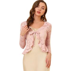 imageAllegra K Floral Lace Shrug for Womens Tie Front Top Ruffled Hem Office Sheer Crop Bolero CardiganPink
