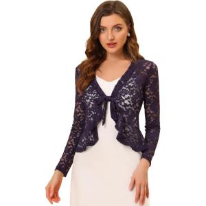 imageAllegra K Floral Lace Shrug for Womens Tie Front Top Ruffled Hem Office Sheer Crop Bolero CardiganPurple