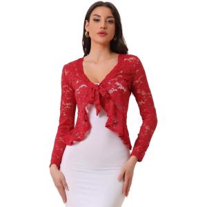 imageAllegra K Floral Lace Shrug for Womens Tie Front Top Ruffled Hem Office Sheer Crop Bolero CardiganRed